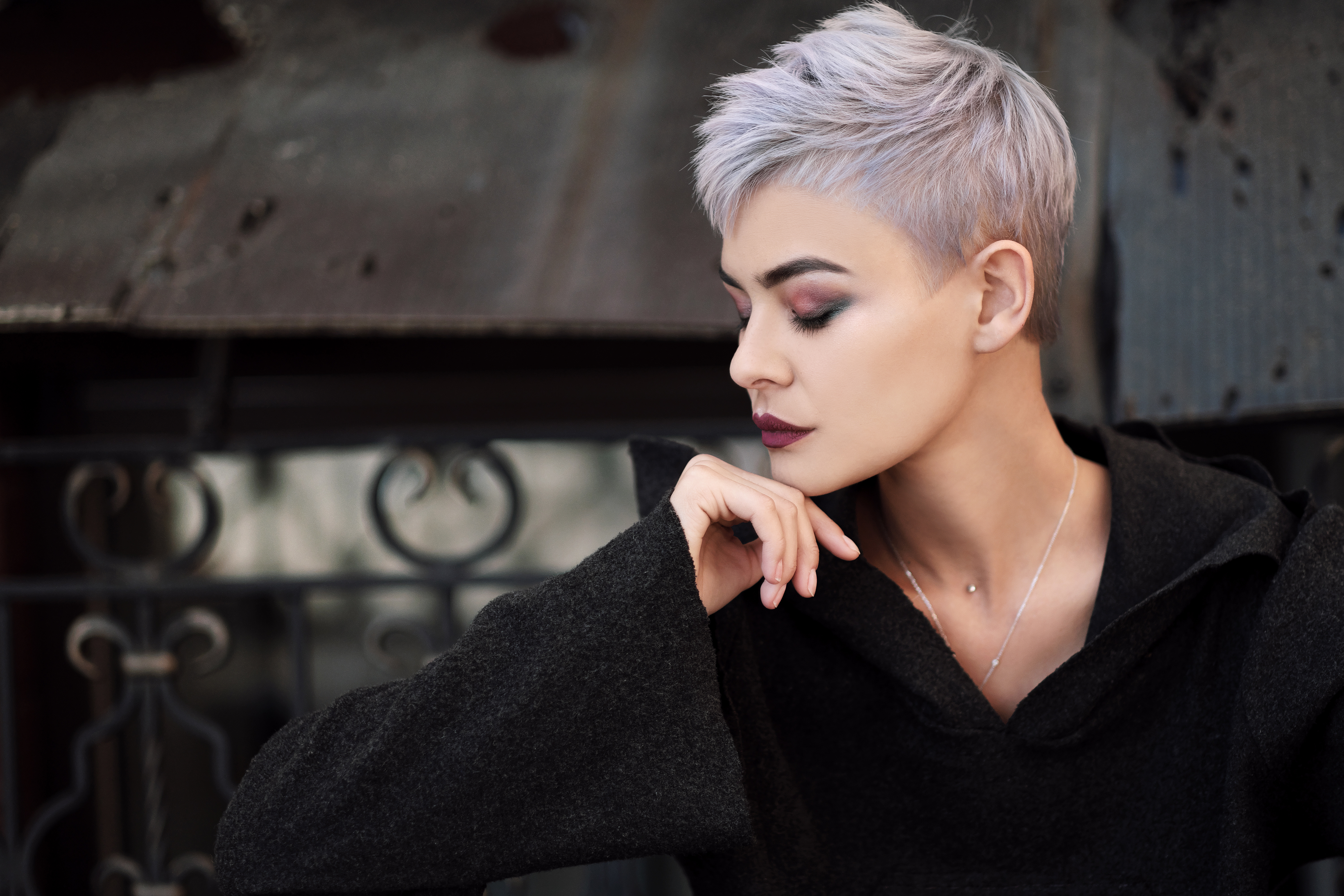 woman with platinum grey blonde cropped short hair 